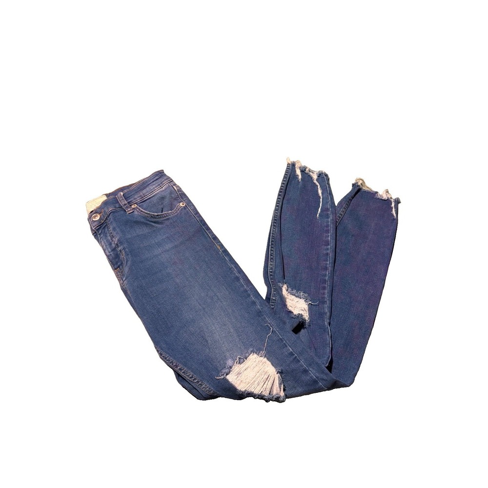 Free People Jeans Womens 26 Distressed Skinny Blue Stretch Denim Raw Frayed Hem
